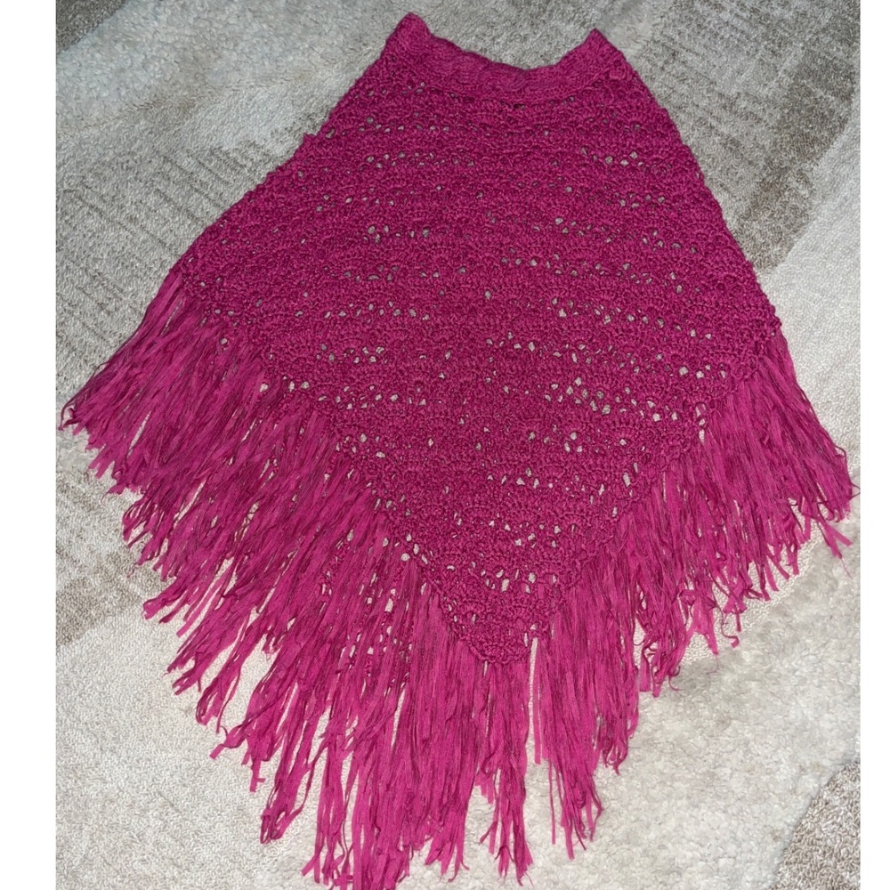 Cejon Accessories Magenta Pink Crochet Knit Fringe Poncho Wrap Boho Festival OS